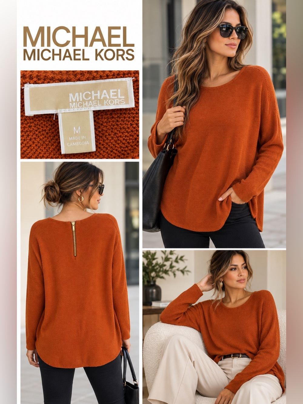 Michael Michael Kors Zip-Back Pullover Sweater Rust Orange Size M